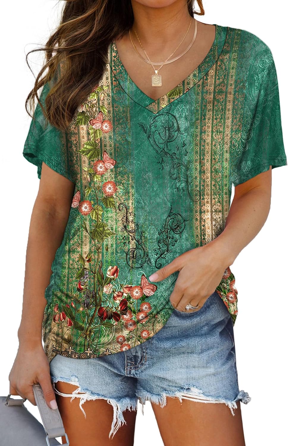 WIHOLL Womens Short Sleeve V Neck Dolman Tops with Side Shirring Loose Fit Shirts