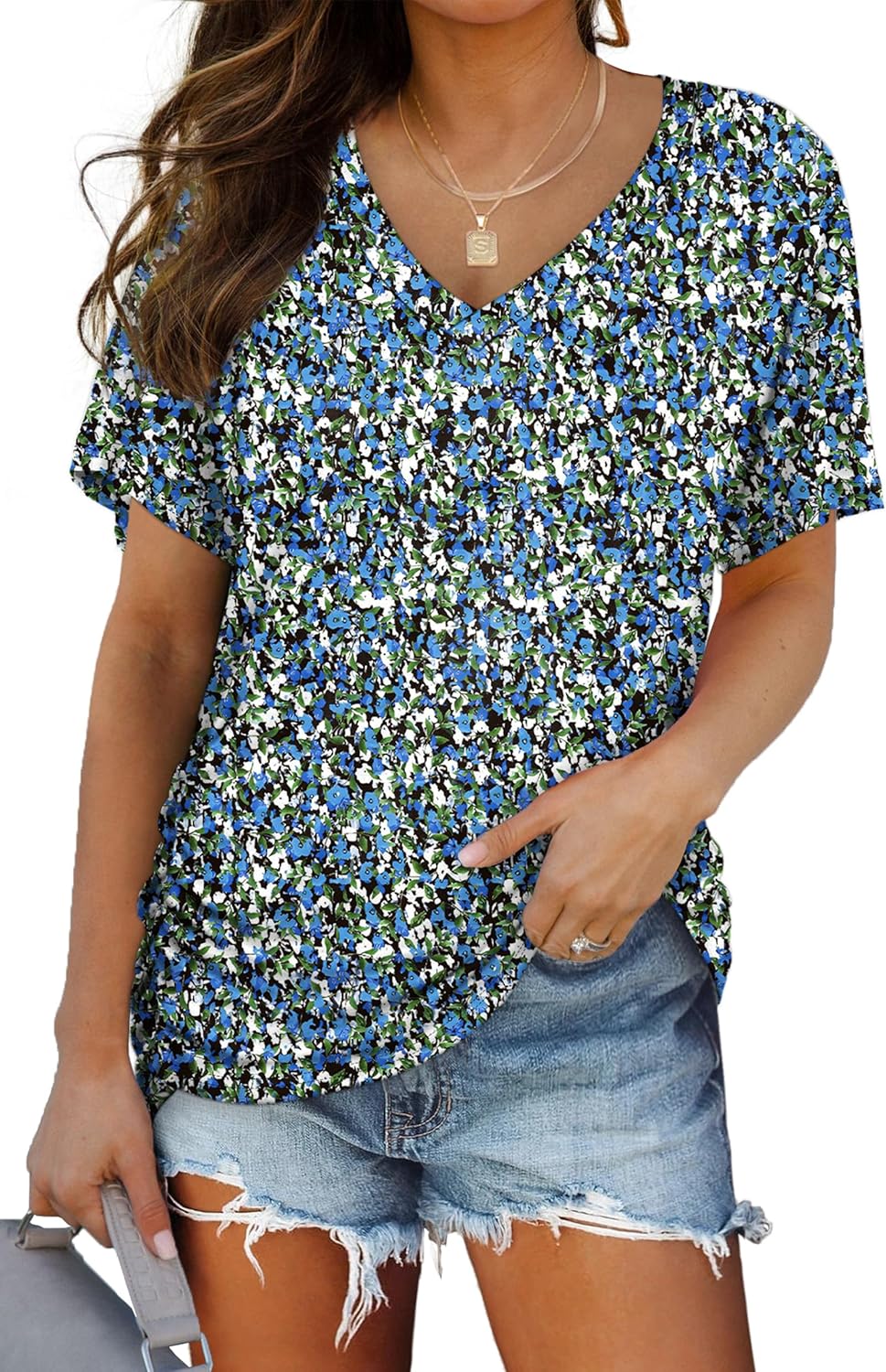 WIHOLL Womens Short Sleeve V Neck Dolman Tops with Side Shirring Loose Fit Shirts