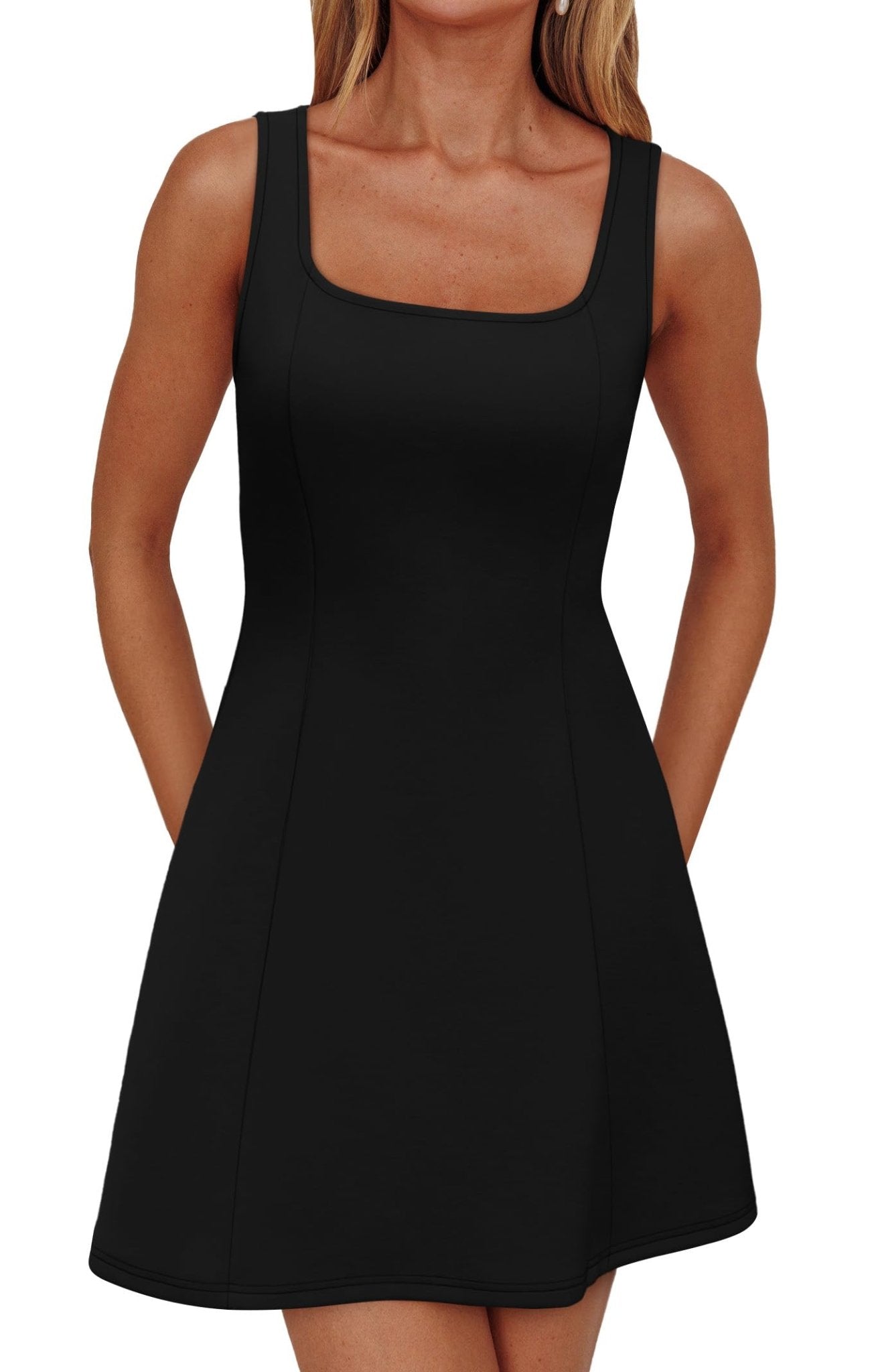 WIHOLL Women's Square Neck A-Line Sleeveless Mini Dress Summer Club Party Little Short Dresses