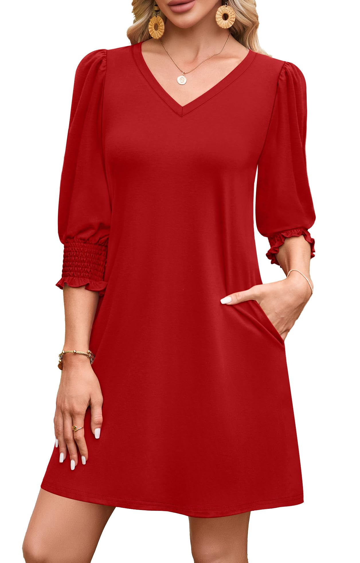 WIHOLL Women's Summer Dresses 3/4 Puff Sleeve Casual Sundress Dress with Pockets Beach Vacation 2025 Fashion