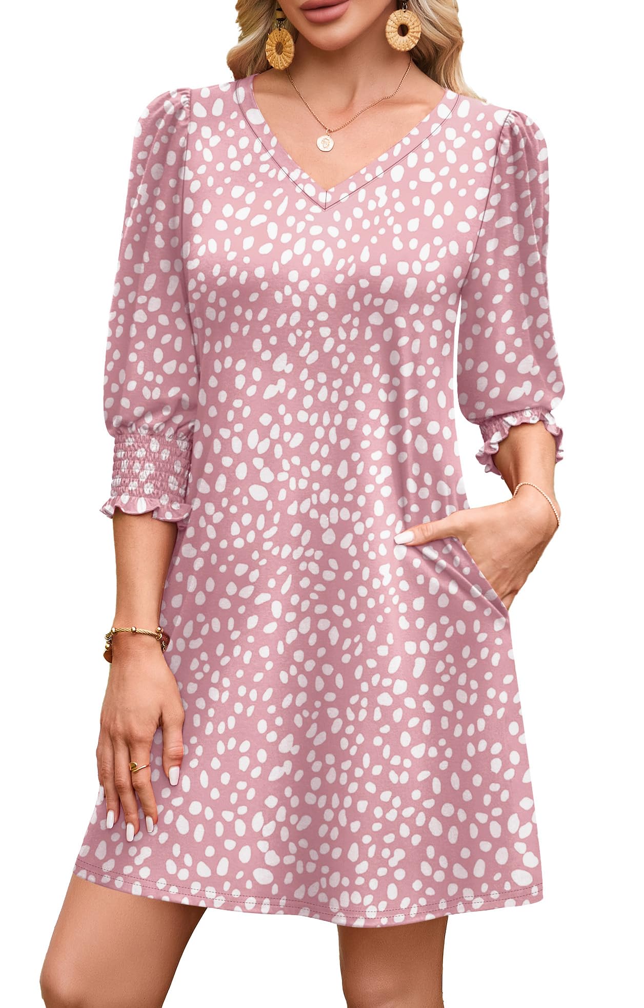 WIHOLL Women's Summer Dresses 3/4 Puff Sleeve Casual Sundress Dress with Pockets Beach Vacation 2025 Fashion