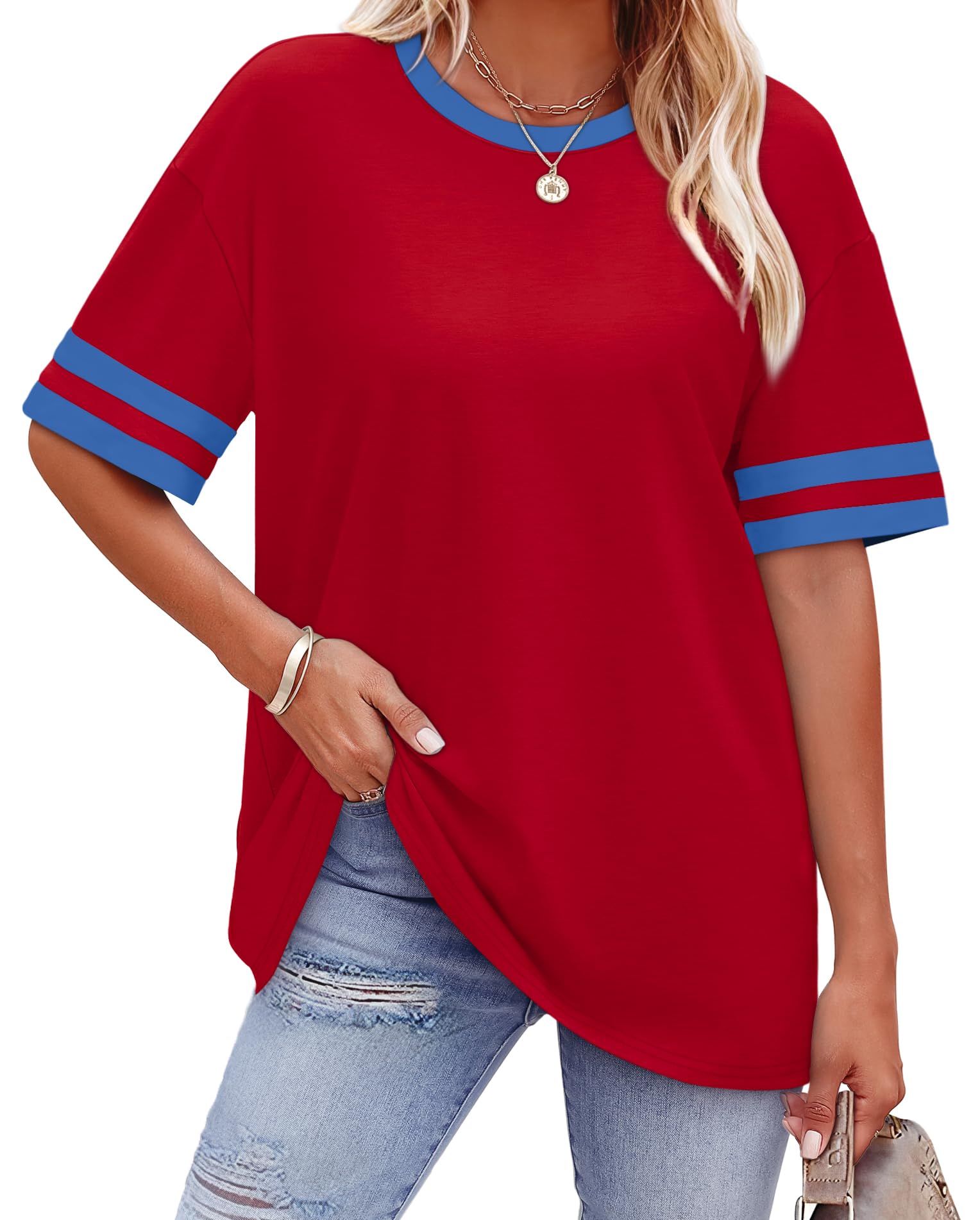 WIHOLL Womens T Shirts Loose Fit Short Sleeve Tees Crew Neck Color Block Summer Tops 2025 Fashion