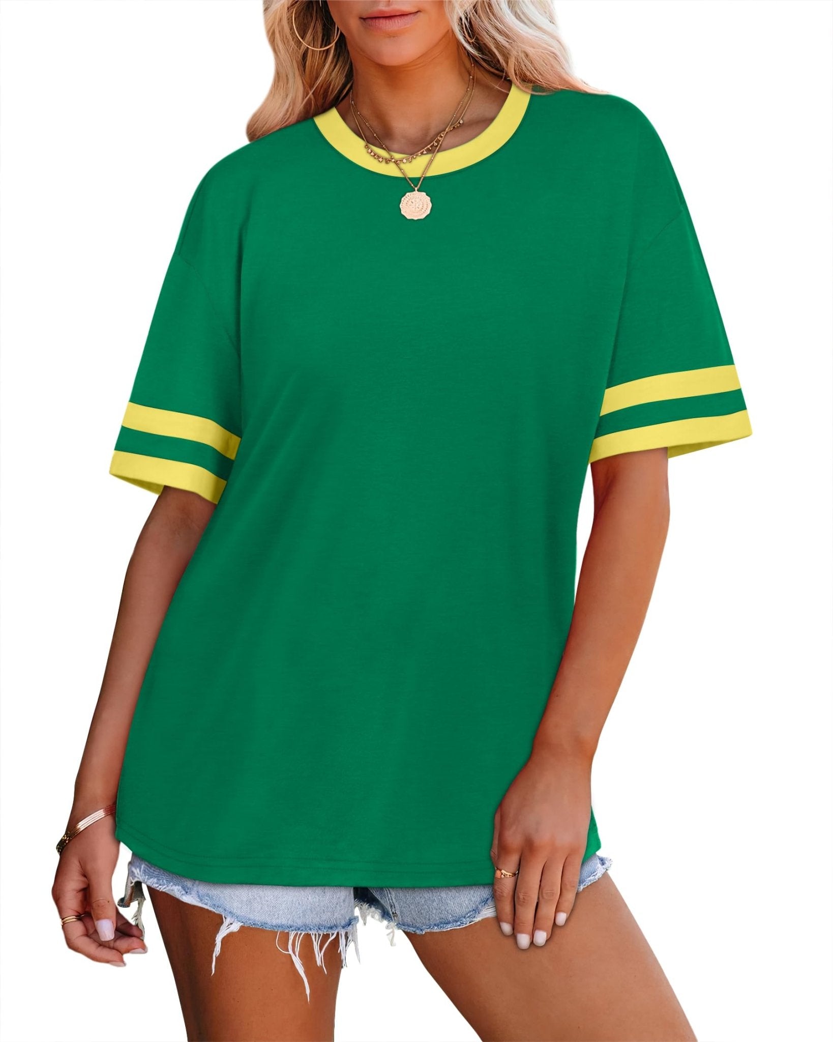 WIHOLL Womens T Shirts Loose Fit Short Sleeve Tees Crew Neck Color Block Summer Tops 2025 Fashion