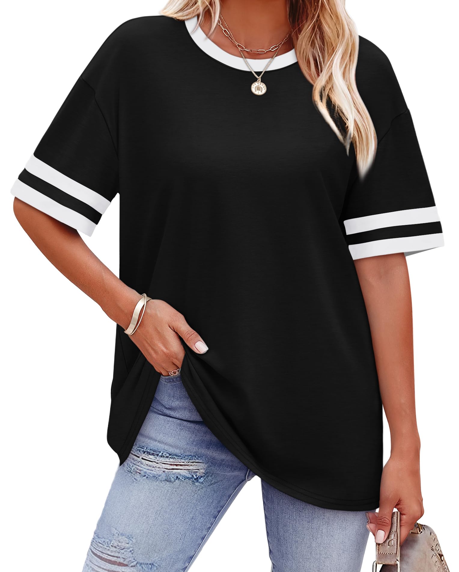 WIHOLL Womens T Shirts Loose Fit Short Sleeve Tees Crew Neck Color Block Summer Tops 2025 Fashion