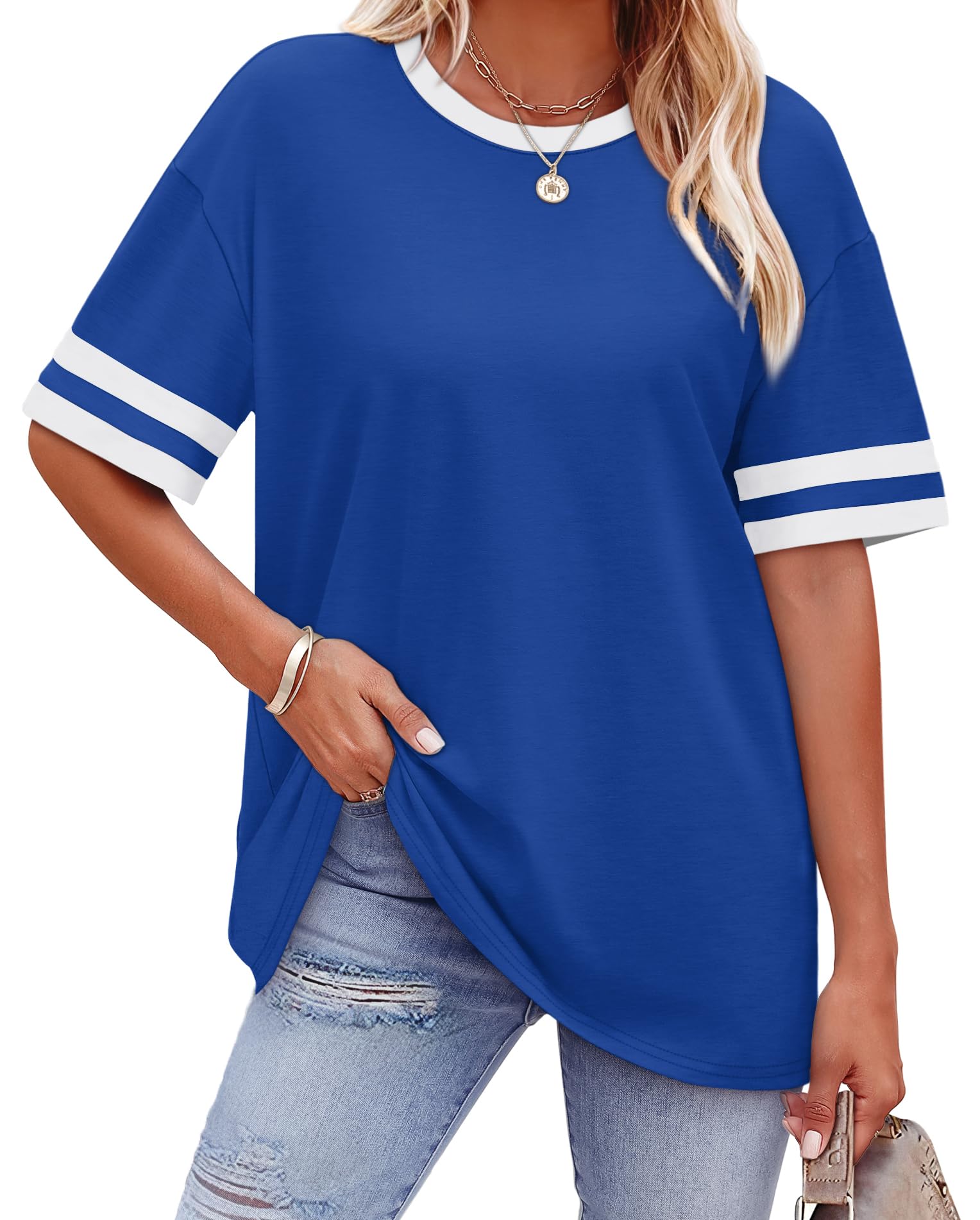 WIHOLL Womens T Shirts Loose Fit Short Sleeve Tees Crew Neck Color Block Summer Tops 2025 Fashion