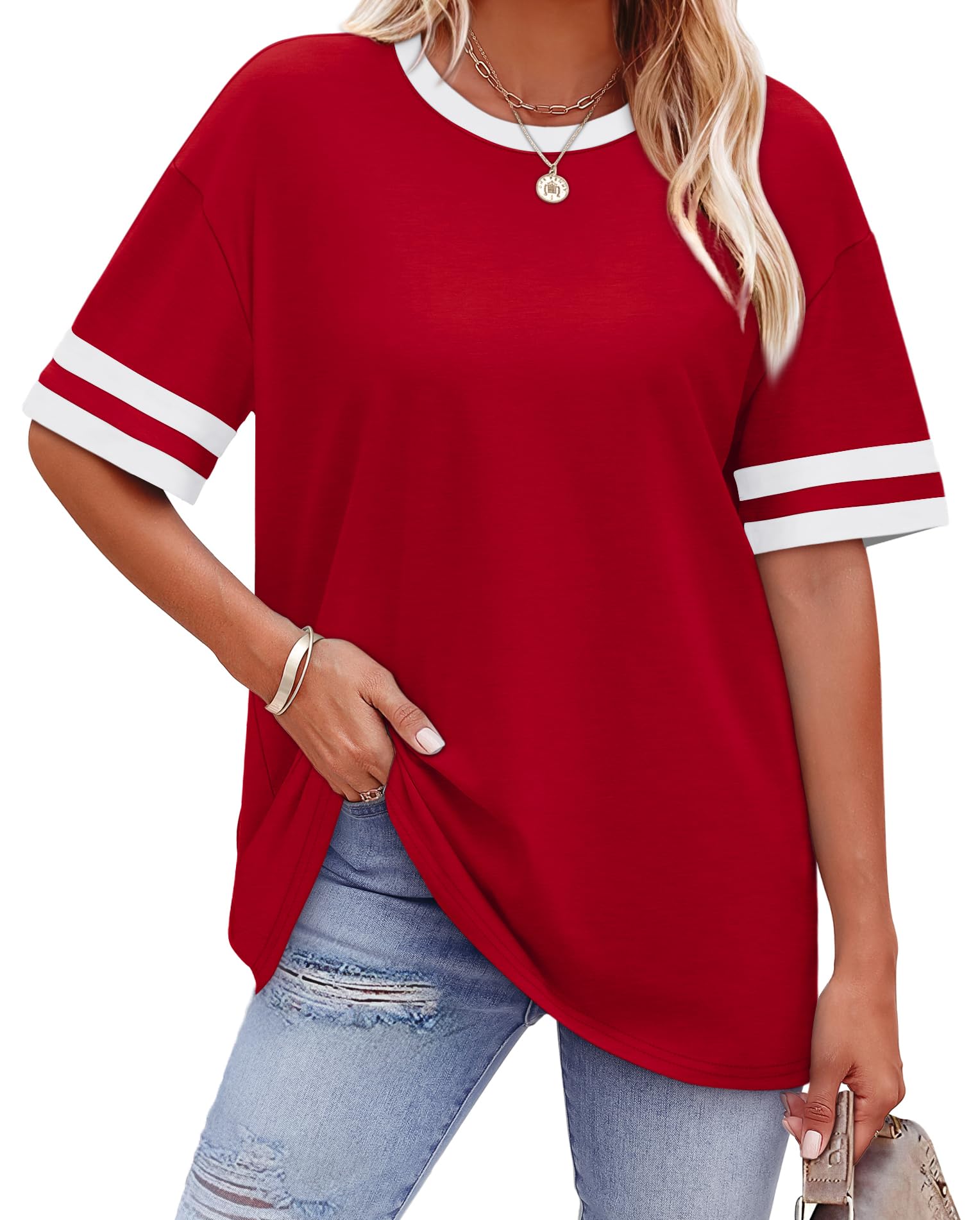 WIHOLL Womens T Shirts Loose Fit Short Sleeve Tees Crew Neck Color Block Summer Tops 2025 Fashion