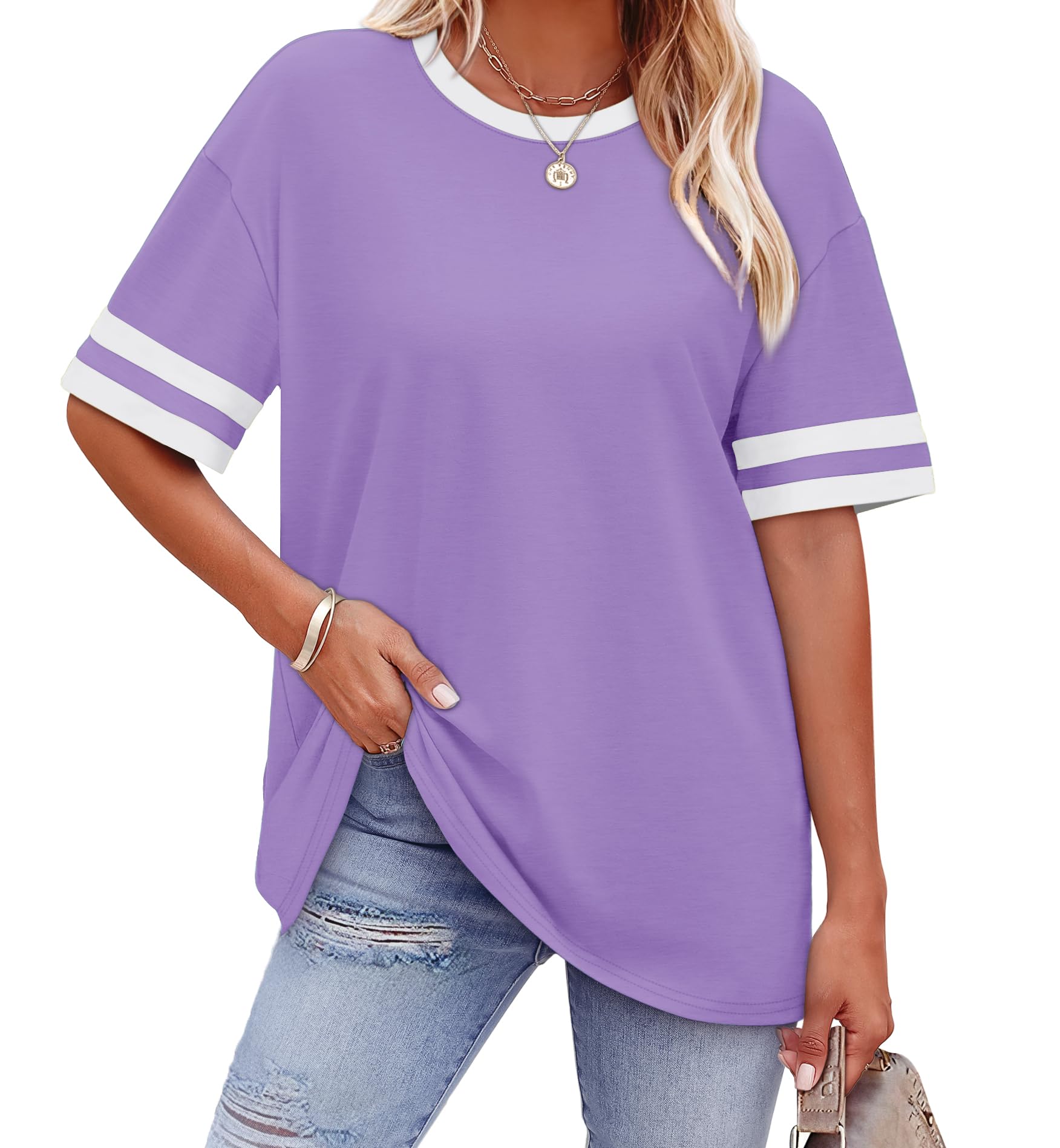 WIHOLL Womens T Shirts Loose Fit Short Sleeve Tees Crew Neck Color Block Summer Tops 2025 Fashion