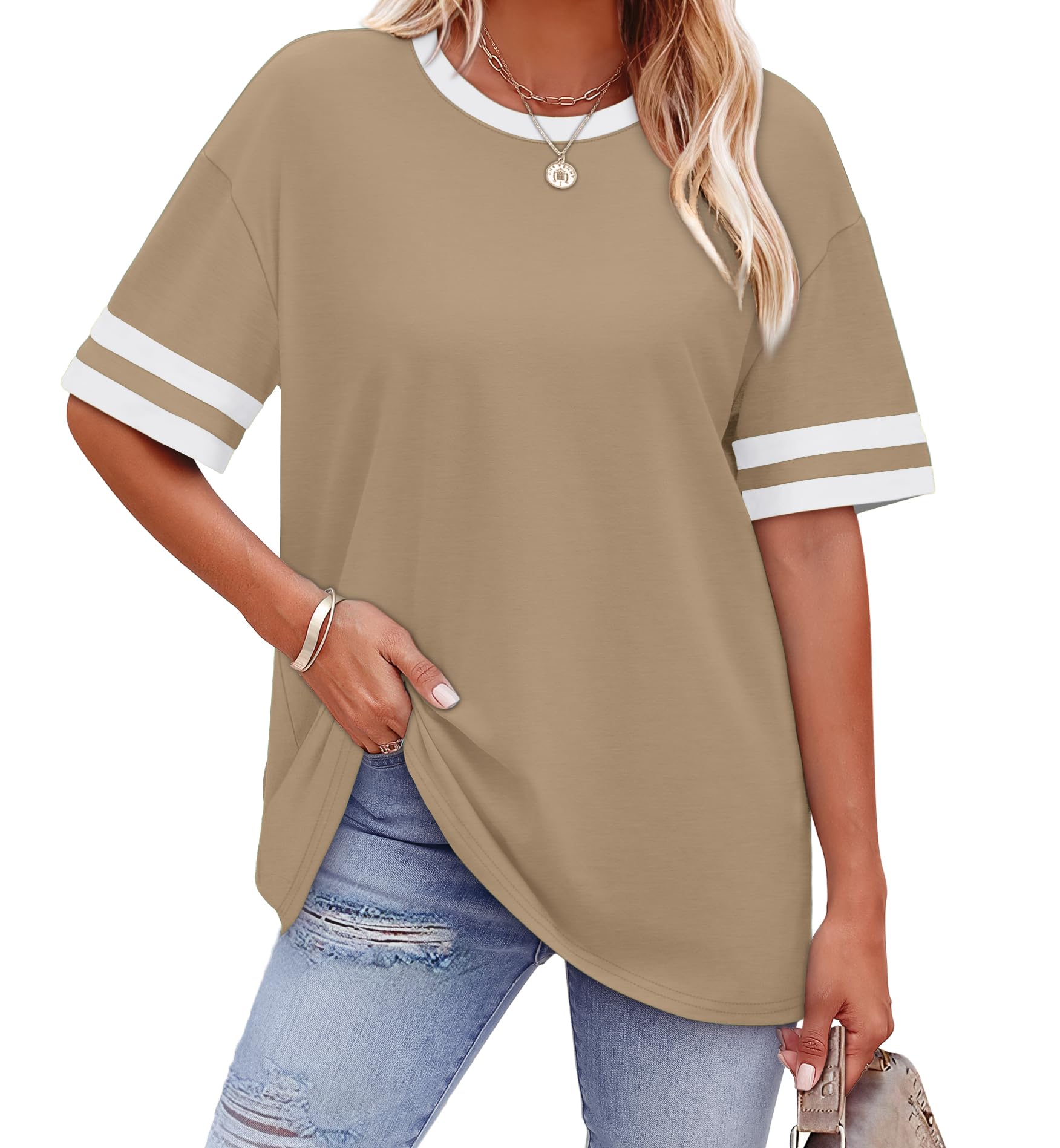 WIHOLL Womens T Shirts Loose Fit Short Sleeve Tees Crew Neck Color Block Summer Tops 2025 Fashion