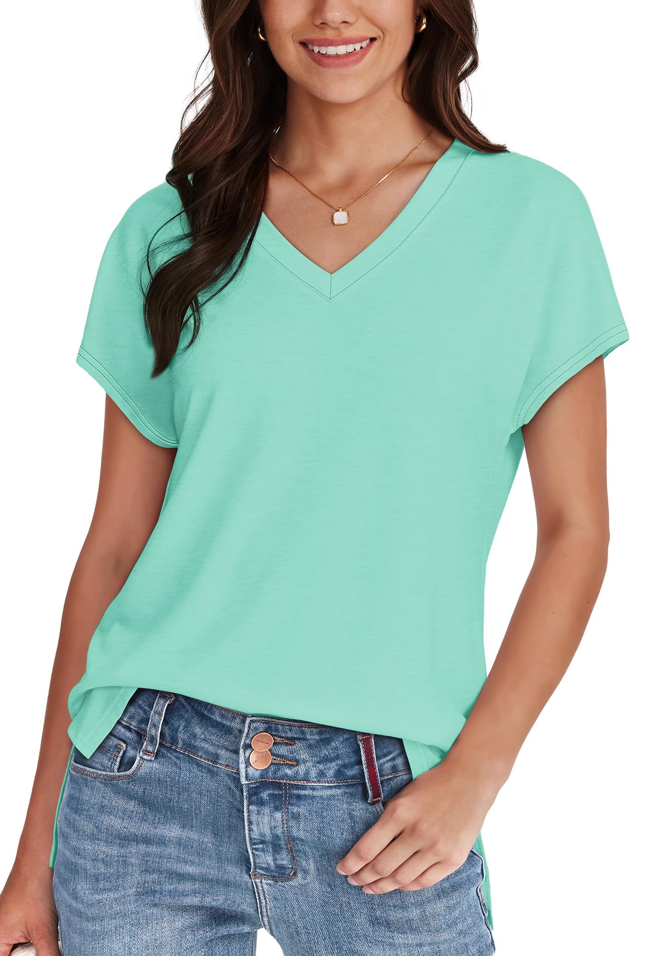 WIHOLL Womens Tops Basic Summer V Neck T Shirts Short Sleeve Dressy Casual Loose Fit Cute Tee Clothes Trendy Fashion Outfits
