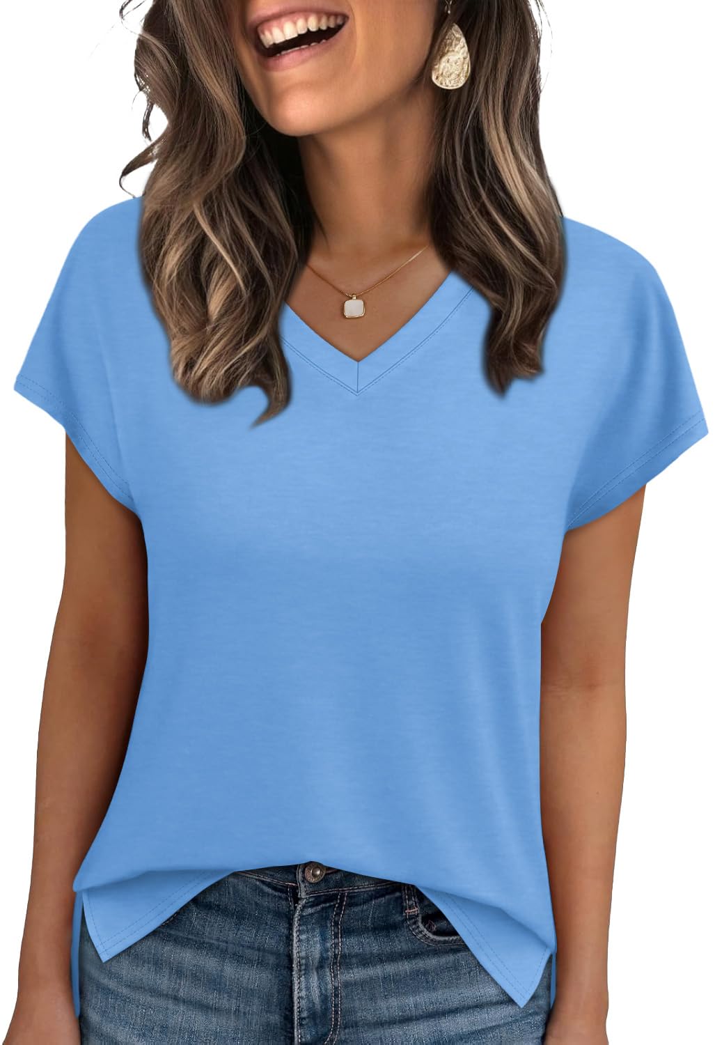 WIHOLL Womens Tops Basic Summer V Neck T Shirts Short Sleeve Dressy Casual Loose Fit Cute Tee Clothes Trendy Fashion Outfits