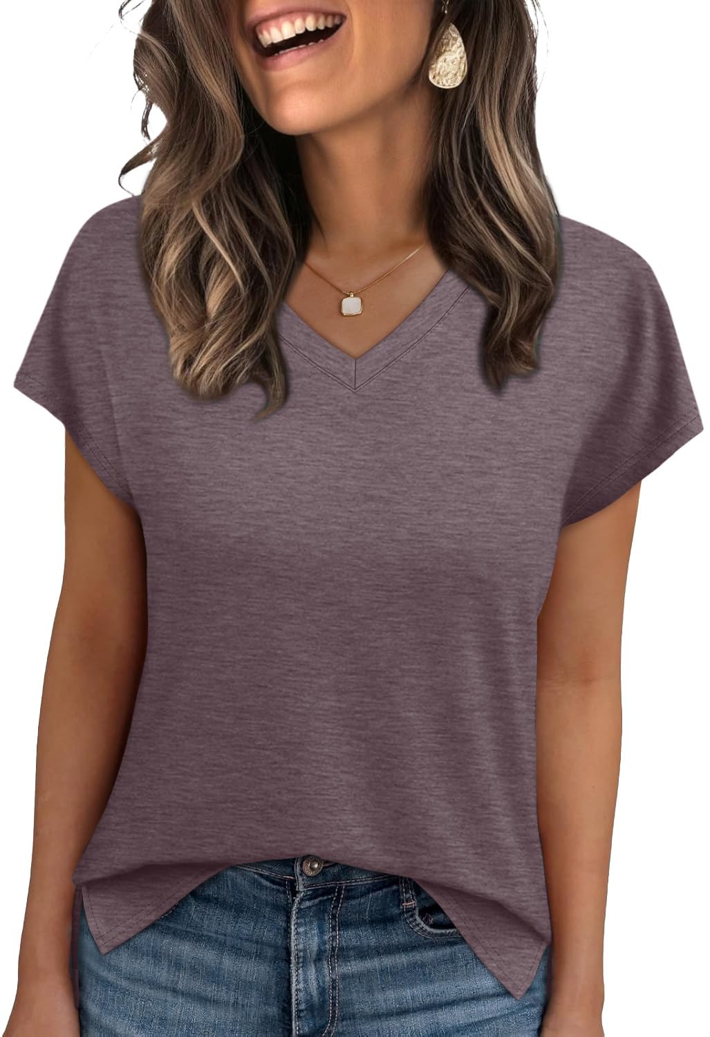 WIHOLL Womens Tops Basic Summer V Neck T Shirts Short Sleeve Dressy Casual Loose Fit Cute Tee Clothes Trendy Fashion Outfits