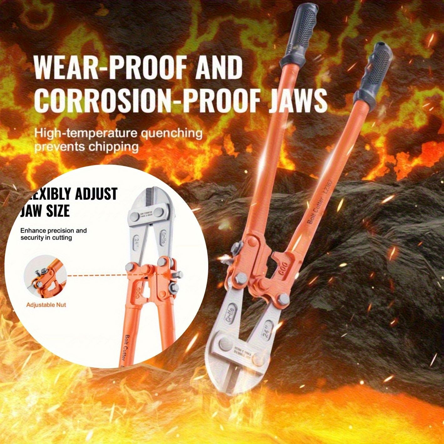 Wire cutters, 24-inch locking pliers, double-material handles with soft rubber grips, chromium-molybdenum alloy steel blades, heavy-duty wire cutters for rods, bolts, wires, cables, rivets and chains