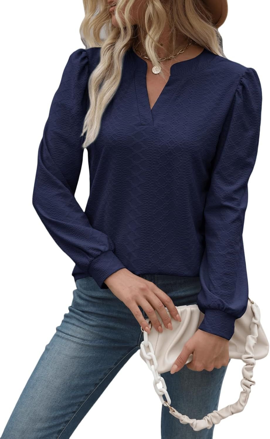 Women Tops Blouse Causal Shirts Puff Long Sleeve Tunic V Neck