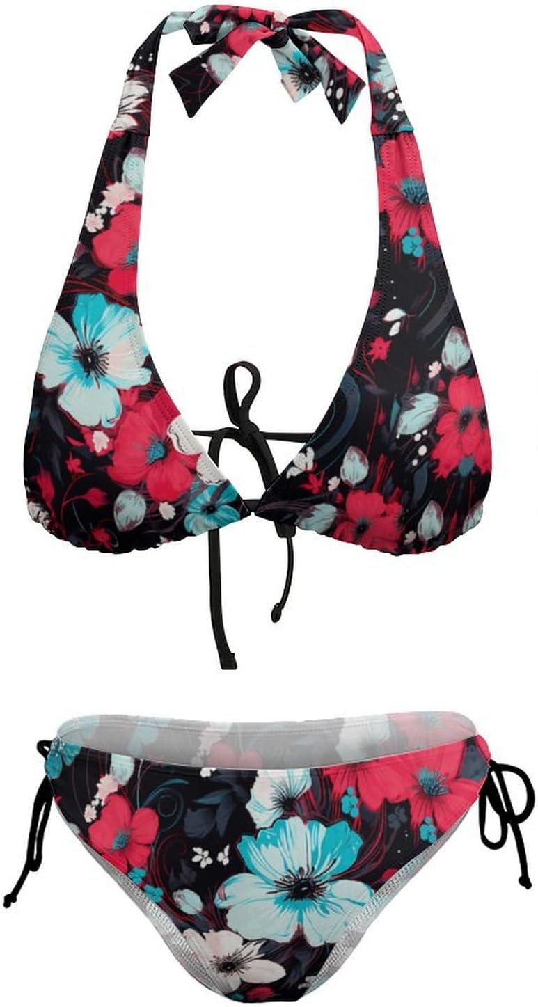 Women Two Piece Swimsuit Sexy Swimwear Halter String Triangle Bikini Sets,Orange Coconut Forest