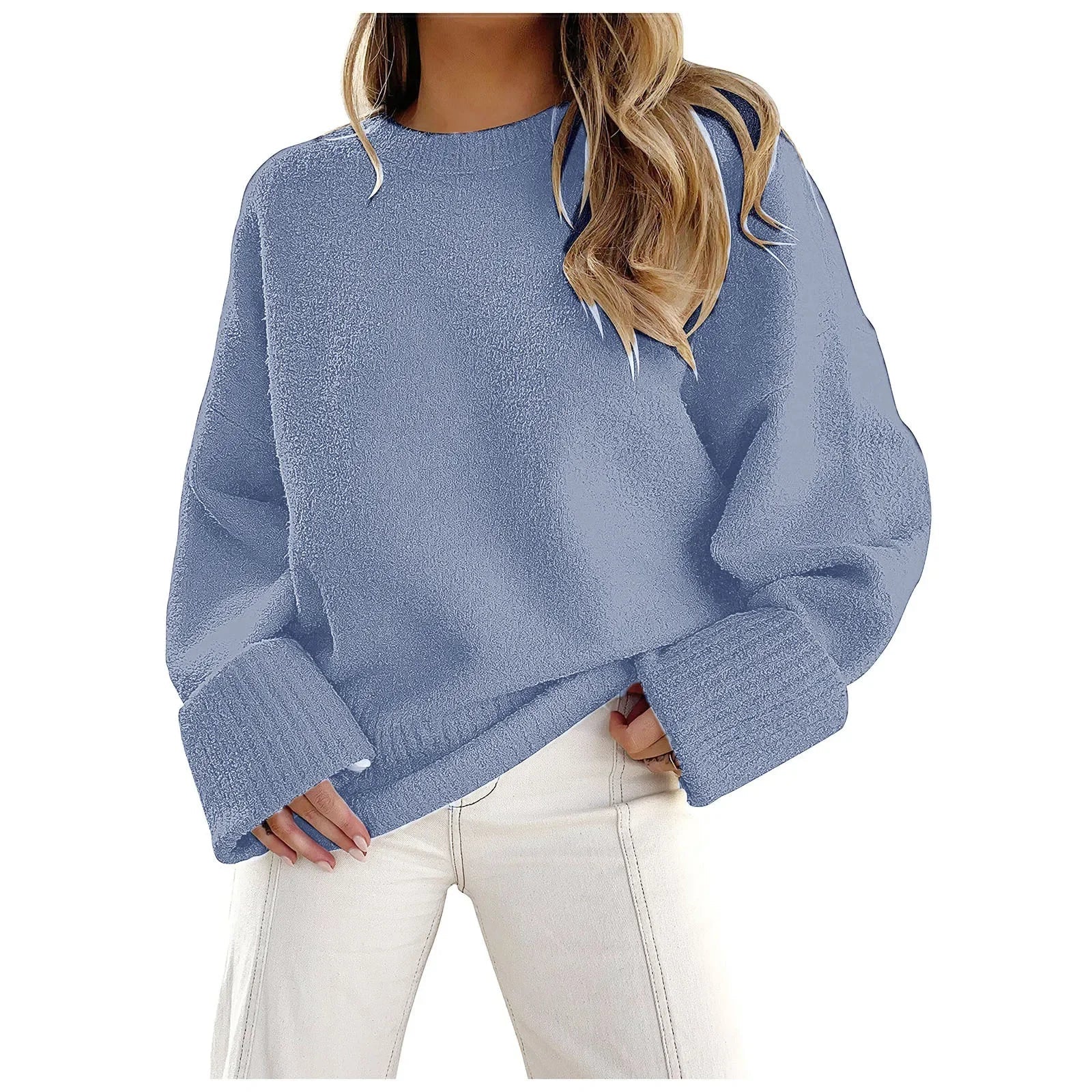 Women's Crewneck Long Sleeve Oversized Fuzzy Knit Chunky Warm Pullover Sweater Top