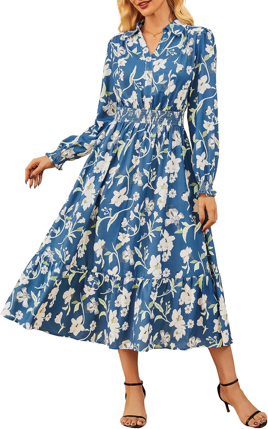 Women's Floral Dress for Women 2025 Fall Midi Dress Casual Long Sleeve V Neck A Line Flowy Shirt Dresses with Pocket