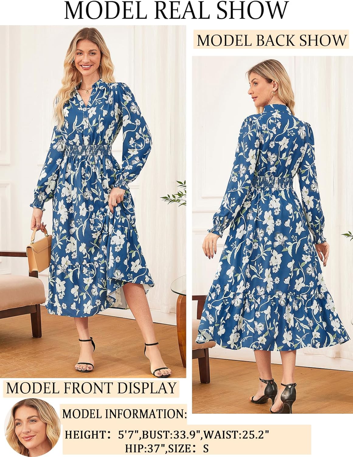 Women's Floral Dress for Women 2025 Fall Midi Dress Casual Long Sleeve V Neck A Line Flowy Shirt Dresses with Pocket