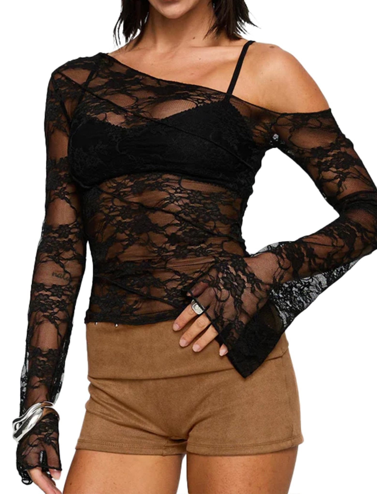 Womens Off The Shoulder Tops Lace Mesh Long Sleeve Going Out Shirts Crop Cute Y2K Fall Trendy 2025