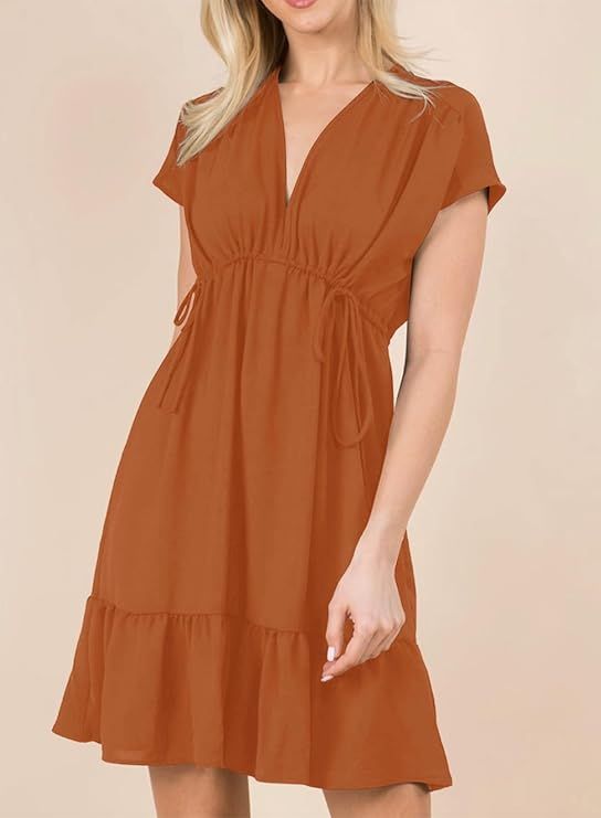 Women's Orange V Neck Ruffle Mini Dress Short Sleeve Drawstring A Line Flowy Skirt Medium Size