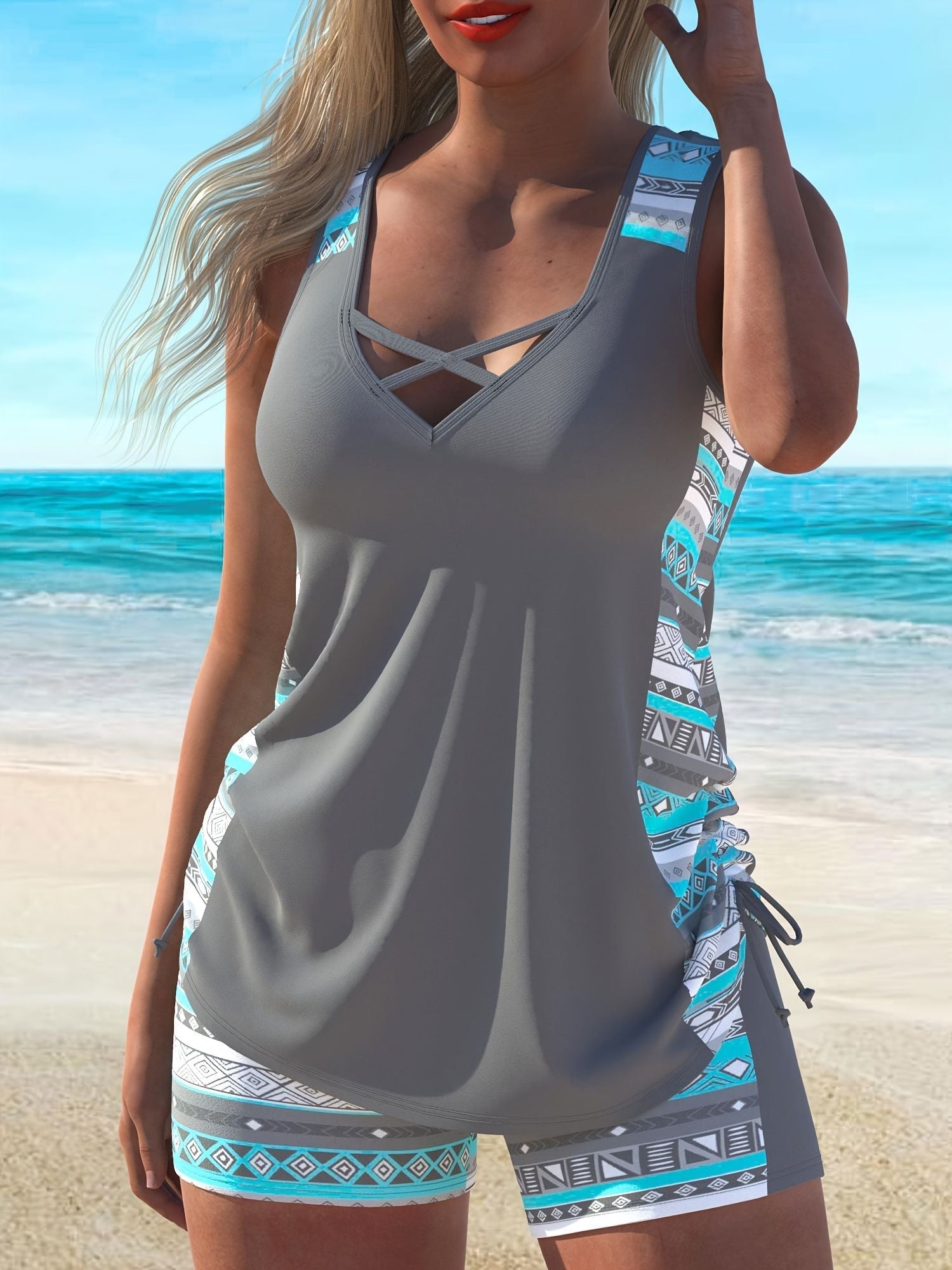 Women's Split Large Sport Conservative Style Wide Shoulder strap Tankini Swimsuit Set