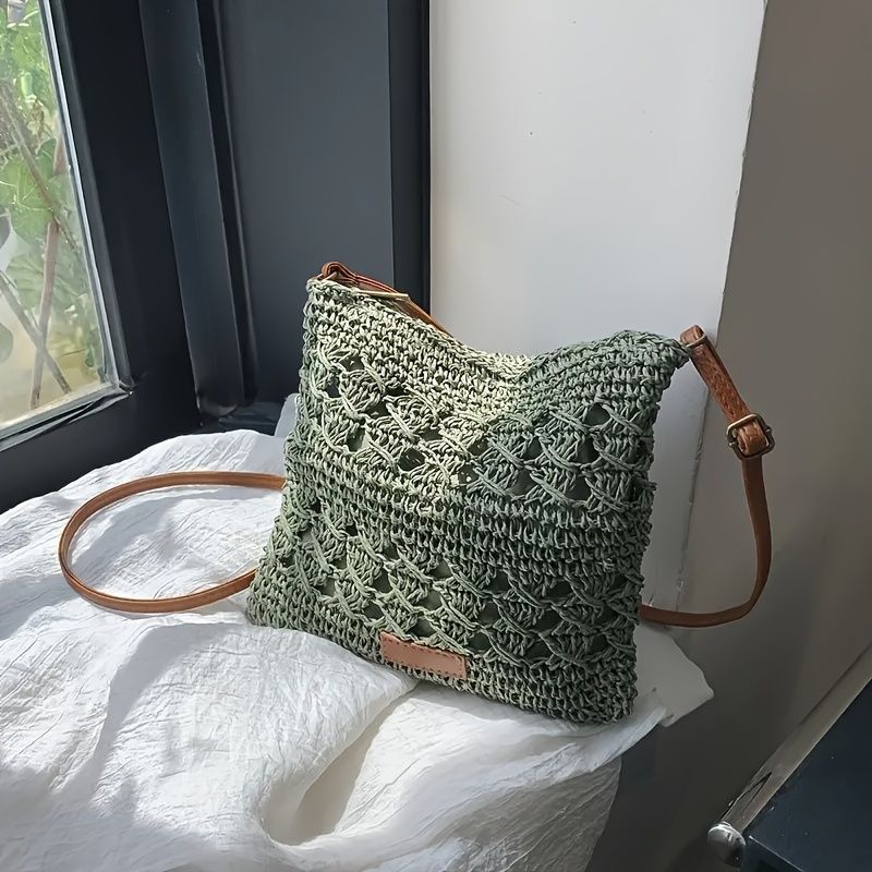 Women's Straw Shoulder Bag Crochet Woven Crossbody Bag Casual Beach Vacation Tote Bags