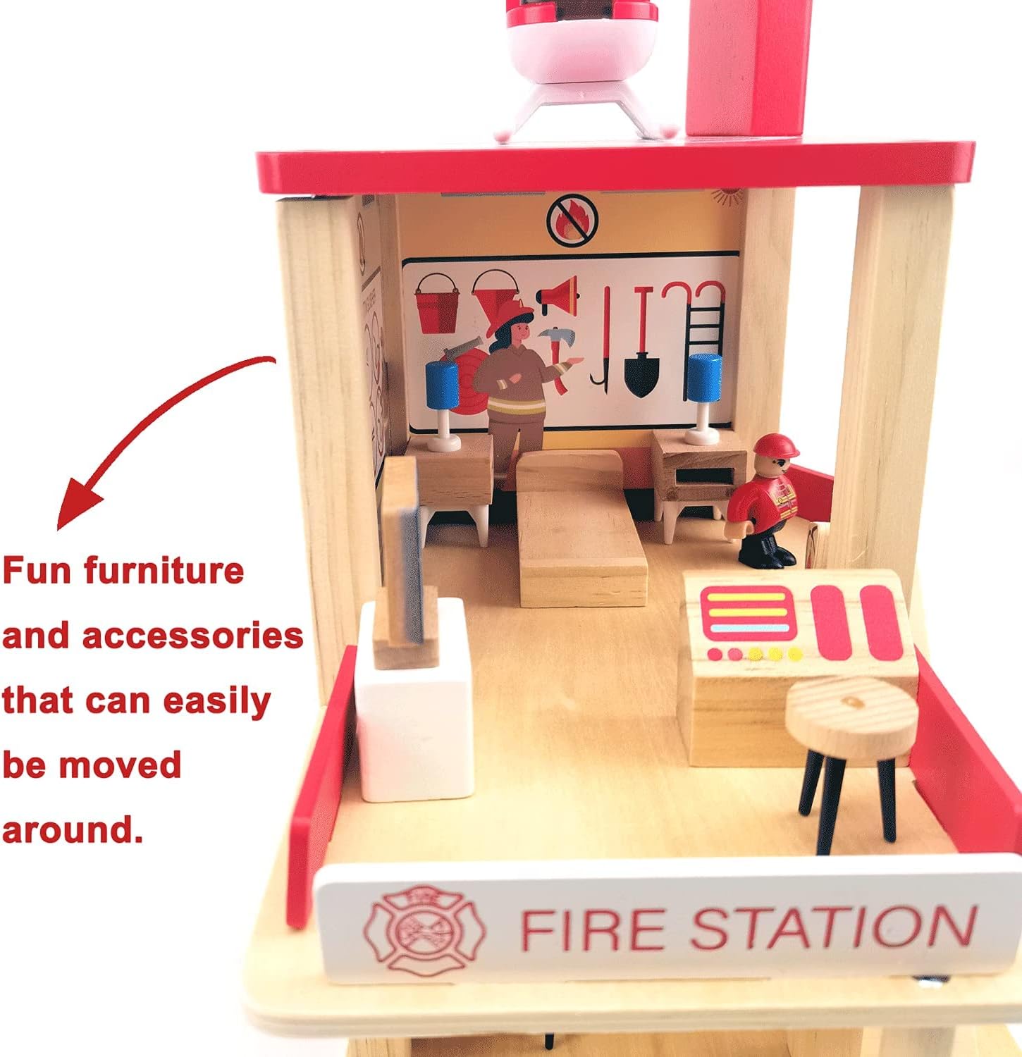 Wooden Fire Station Playset, Multicolor 3-Level Pretend Play Dollhouse with Figures, Truck, Helicopter and Accessories, Preschool Learning Educational Toys for Toddlers Kids Age 3 and up