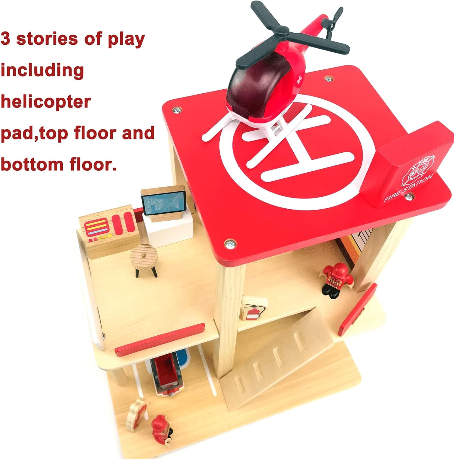 Wooden Fire Station Playset, Multicolor 3-Level Pretend Play Dollhouse with Figures, Truck, Helicopter and Accessories, Preschool Learning Educational Toys for Toddlers Kids Age 3 and up
