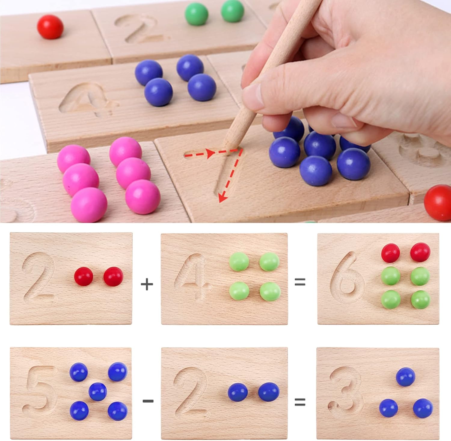 Wooden Number Tracing Board Set, Toddler Montessori Math Beads Counting Toy, Preschool Learning and Educational Math Game for Kids