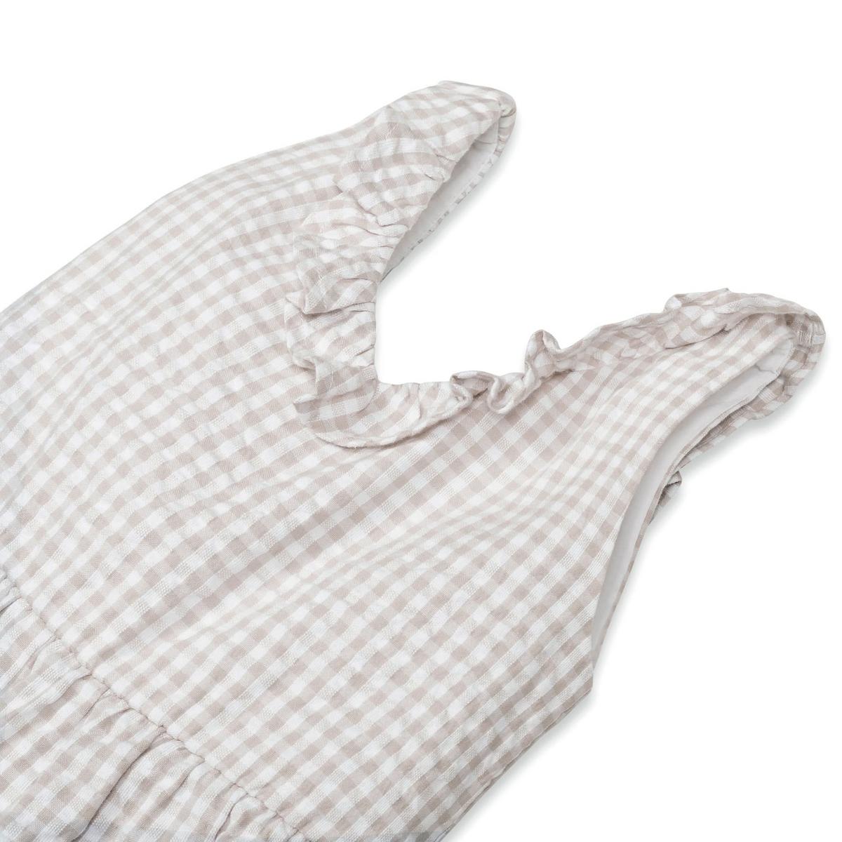 Baby Ruffle Neck Organic Jumpsuit - Taupe Gingham Seersucker