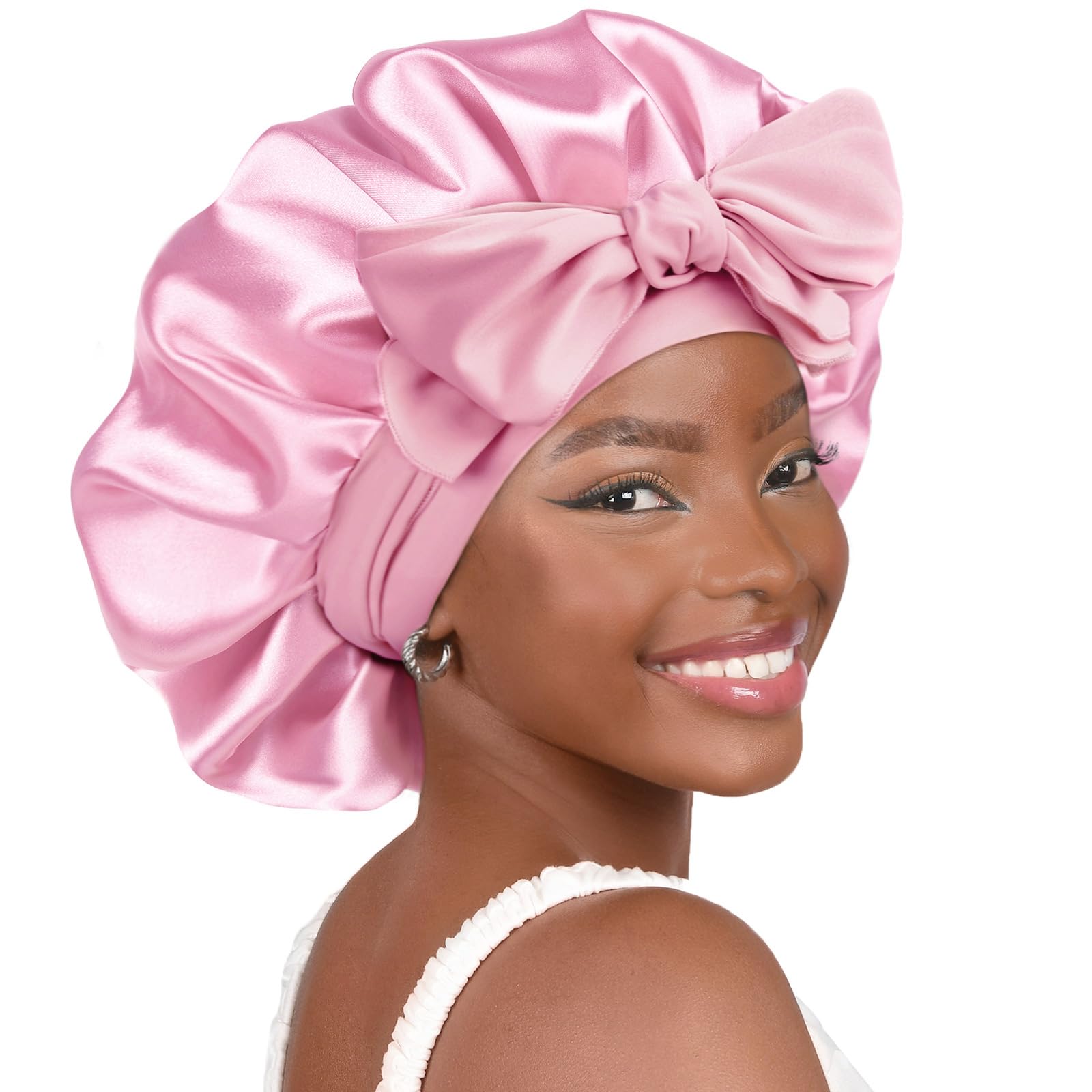 YANIBEST Silk Bonnet for Sleeping Women Satin Bonnet Double Layer Satin Lined Hair Bonnet with Tie Band Curly Hair Blush Pink