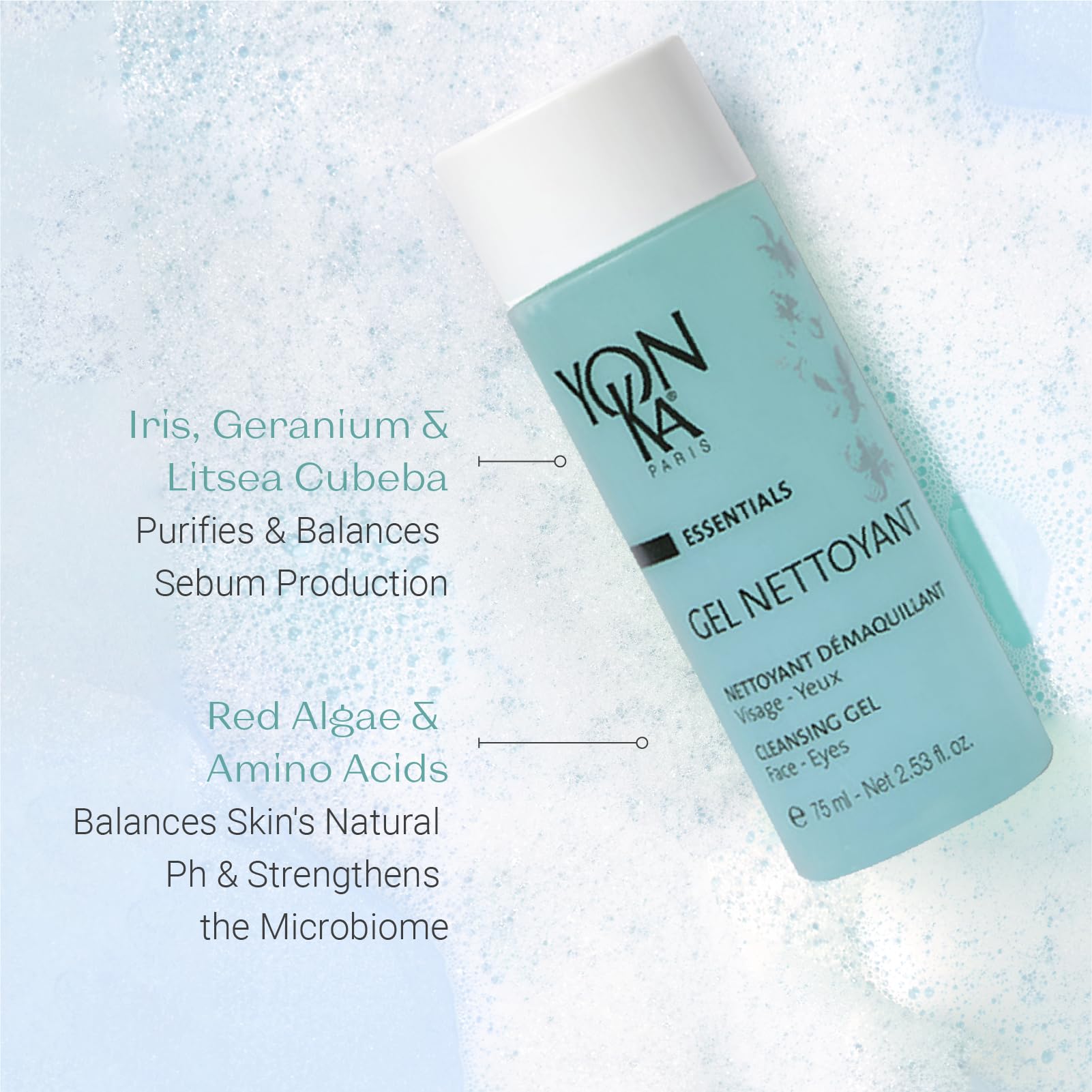 Yonka Gel Face Cleanser, Gentle Foaming Face Wash and Makeup Remover, Natural Plant-Based Formula to Purify Pores and Balance Skins pH, Acne Prone and Oily Skin, Paraben-Free