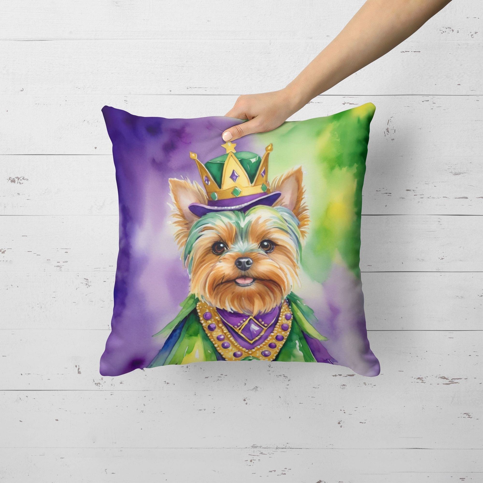 Yorkshire Terrier King of Mardi Gras Throw Pillow Machine Washable, Indoor Outdoor Decorative Pillow for Couch, Bed or Patio, 18Hx18W