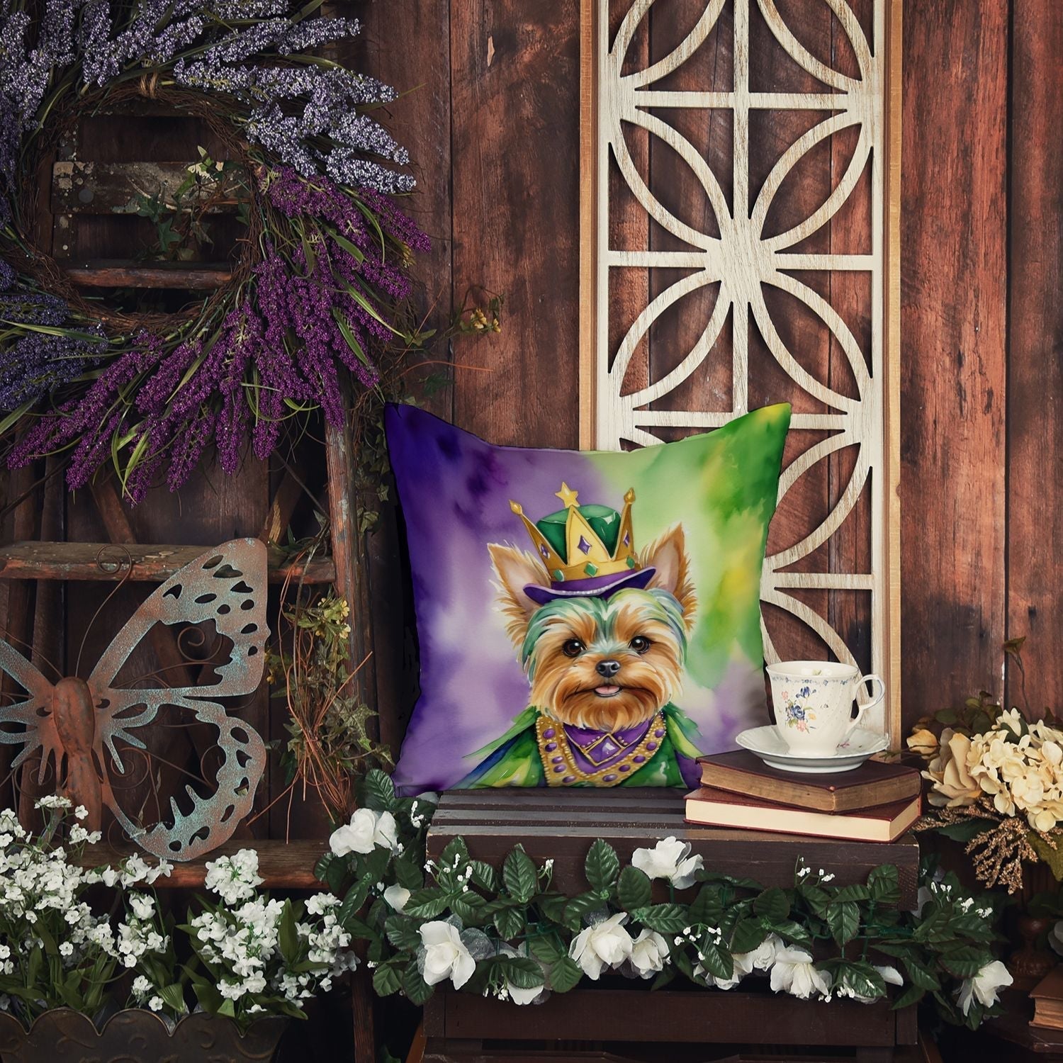 Yorkshire Terrier King of Mardi Gras Throw Pillow Machine Washable, Indoor Outdoor Decorative Pillow for Couch, Bed or Patio, 18Hx18W