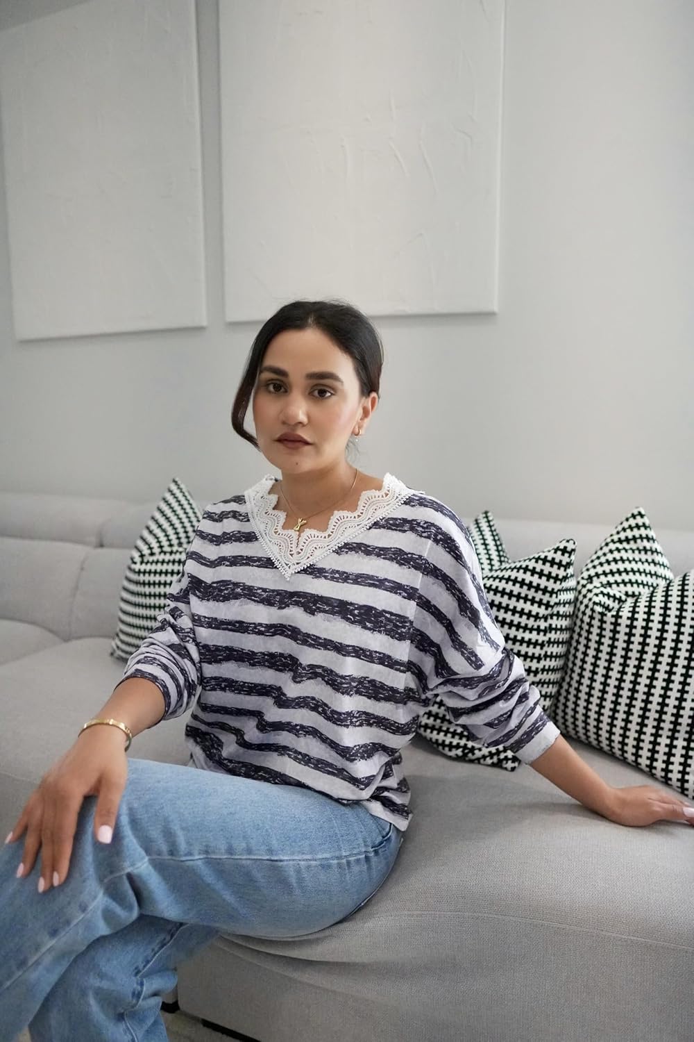 ZAFUL Batwing Long Sleeve Shirts for Women 2024 Lace V Neck Loose Fit Casual Striped Tops Trendy T Shirts Fall Fashion