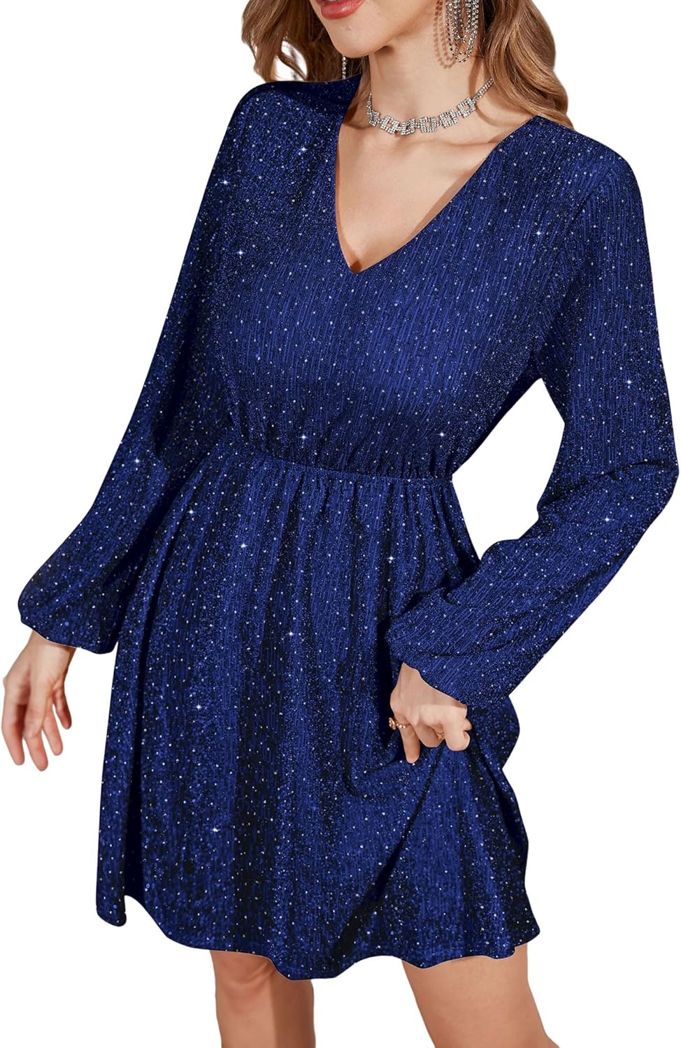 ZAFUL Elegant Fall Wedding Guest Dresses for Women Sparkly Glitter Mini Semi Formal Long Sleeve Cocktail Work Birthday Date Night Winter High Waist Dress 2025 Navy Blue Medium