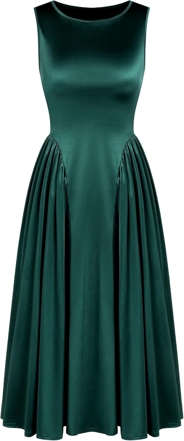 ZAFUL Satin Formal Dress for Women Sleeveless A Line Flowy Wedding Guest Dress Boat Neck Prom Cocktail Party Midi Dresses