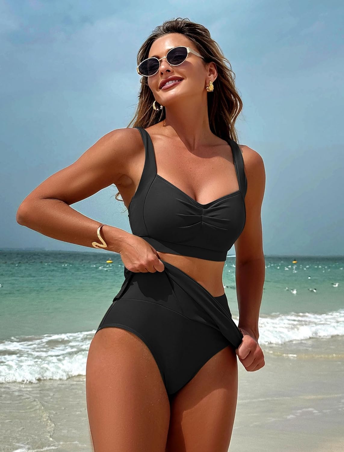 ZAFUL Women Swim Skirt High Waisted Bikini Sets Two Piece Tummy Control Swim Suit 2025 Slimming Bathing Suit Curvy Swimwear Black L