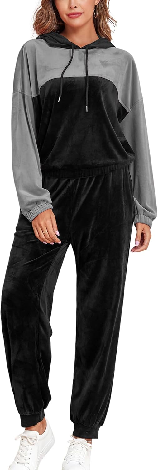 ZAFUL Womens 2 Piece Sweatsuit Outfits Velour Color Block Hoodies and Drawstring Pants Tracksuit Lounge Set with Pockets