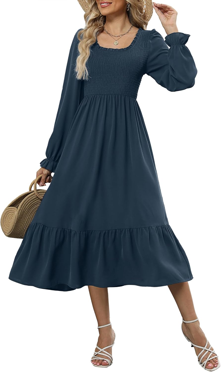 ZAFUL Womens 2025 Fall Square Neck Smocked Dresses Long Puff Sleeve Casual Flowy A Line Tiered Midi Dress