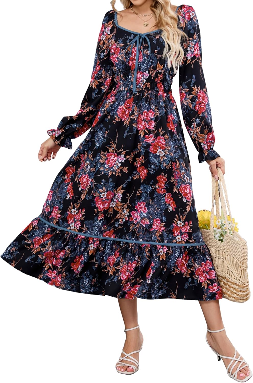 ZAFUL Women's 2025 Long Sleeve Square Neck Fall Boho Floral Midi Dress High Waist Flowy A Line Tiered Wedding Guest Dresses
