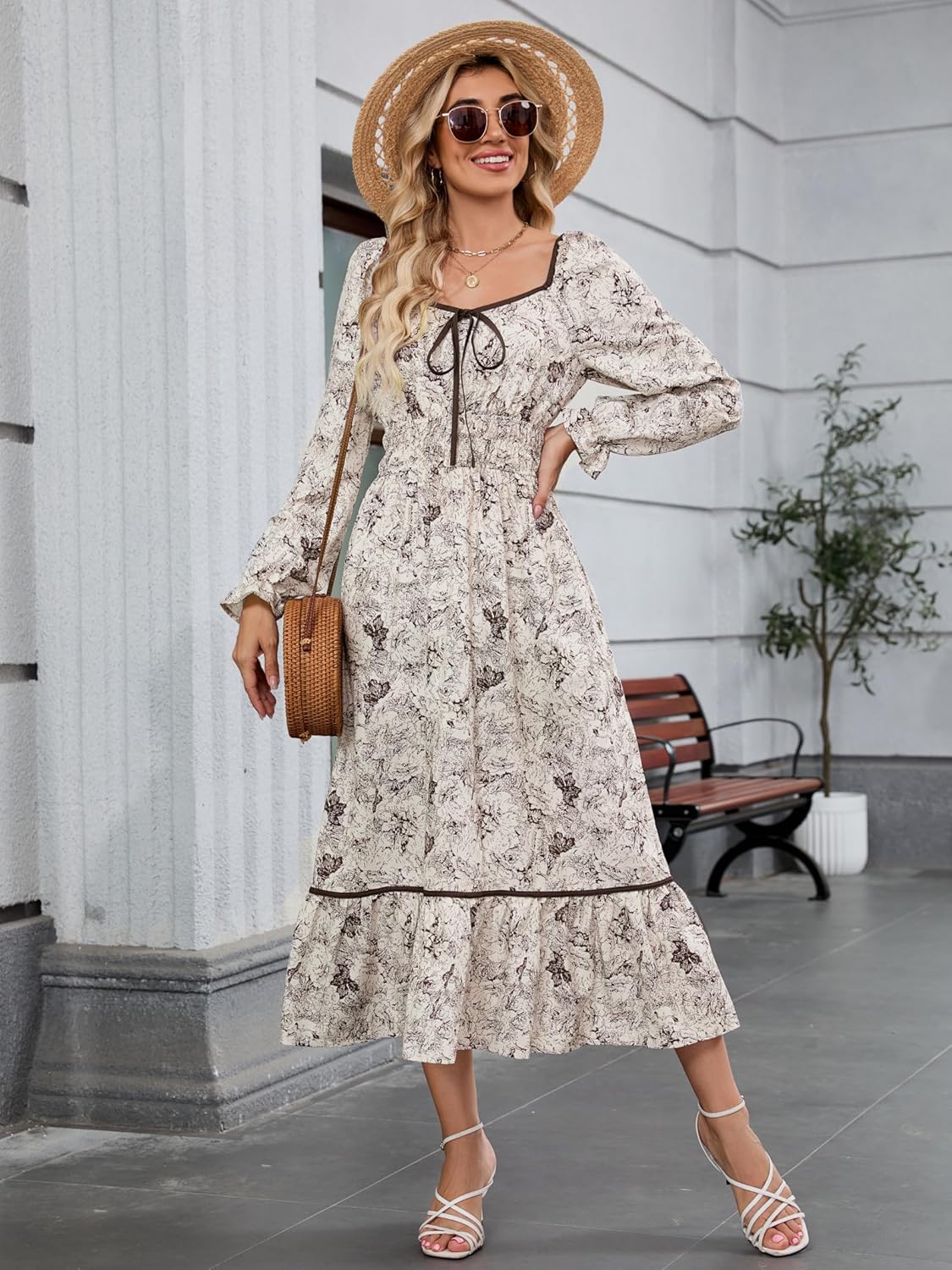 ZAFUL Women's 2025 Long Sleeve Square Neck Fall Boho Floral Midi Dress High Waist Flowy A Line Tiered Wedding Guest Dresses White Brown Small