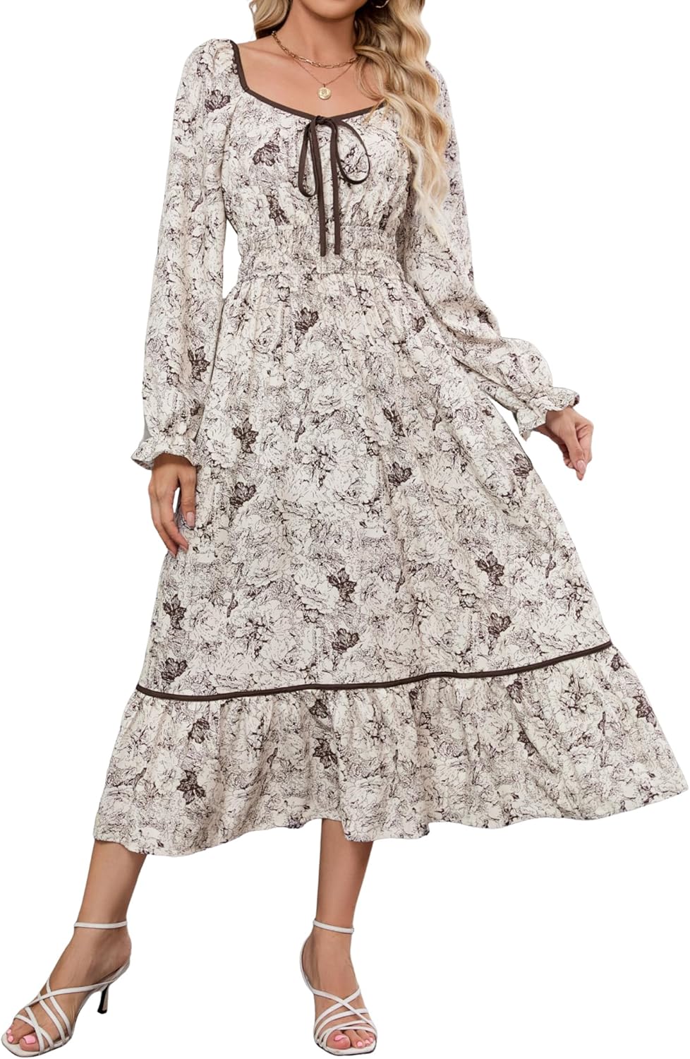 ZAFUL Women's 2025 Long Sleeve Square Neck Fall Boho Floral Midi Dress High Waist Flowy A Line Tiered Wedding Guest Dresses White Brown Small