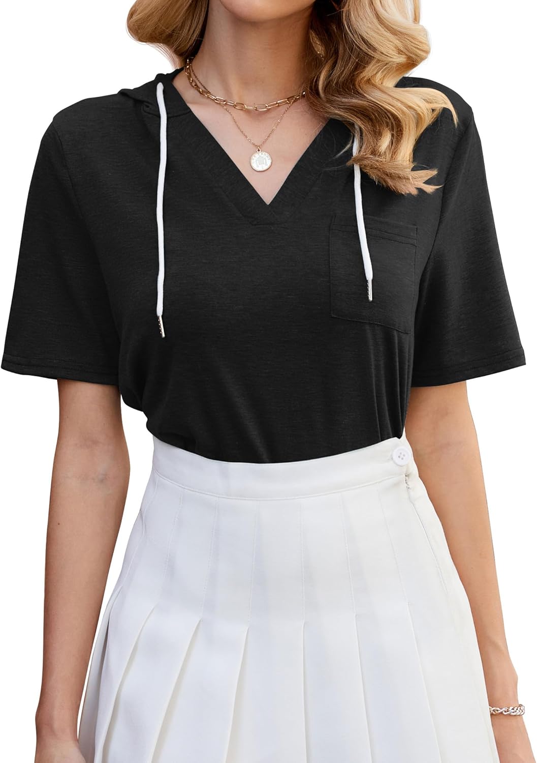 ZAFUL Womens Basic Casual V Neck Hoodie Tunic with Pocket Cotton Cuffed Short Sleeve Work Tops Blouses Shirts