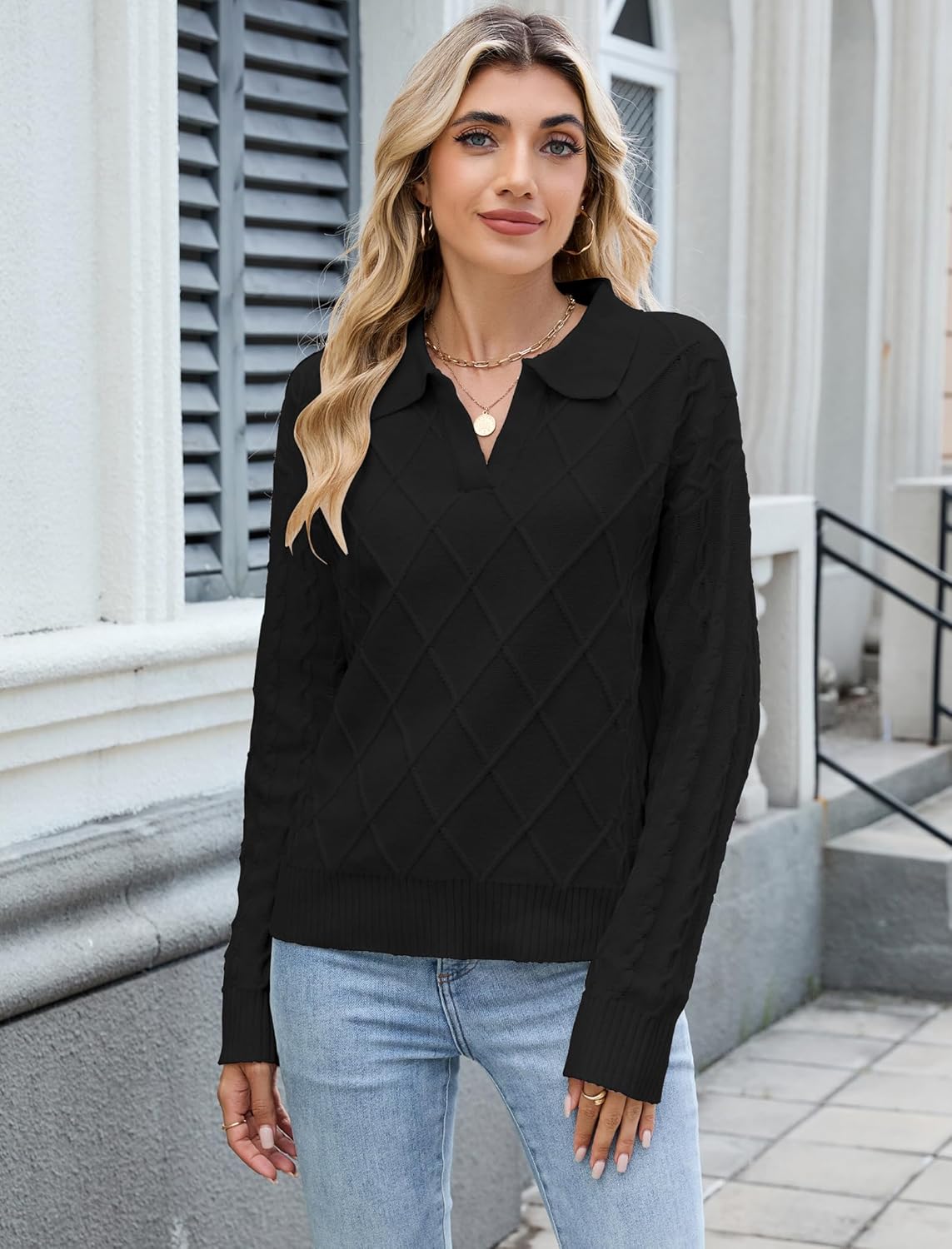 ZAFUL Womens Cable Knit Sweater Classic Lapel Collar Sweater Tops Ladies Soft Fit Casual Chunky Long Sleeve Pullover Sweaters