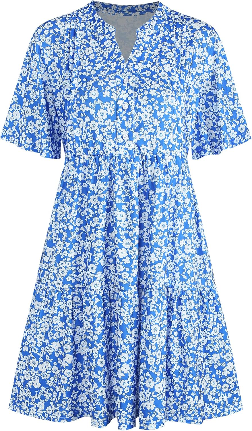 ZAFUL Women's Casual Dresses Floral Short Sleeves Mini Sundresses Blue Bohemian Beach Resort Wear Aline Flowy Dress with Pockets S