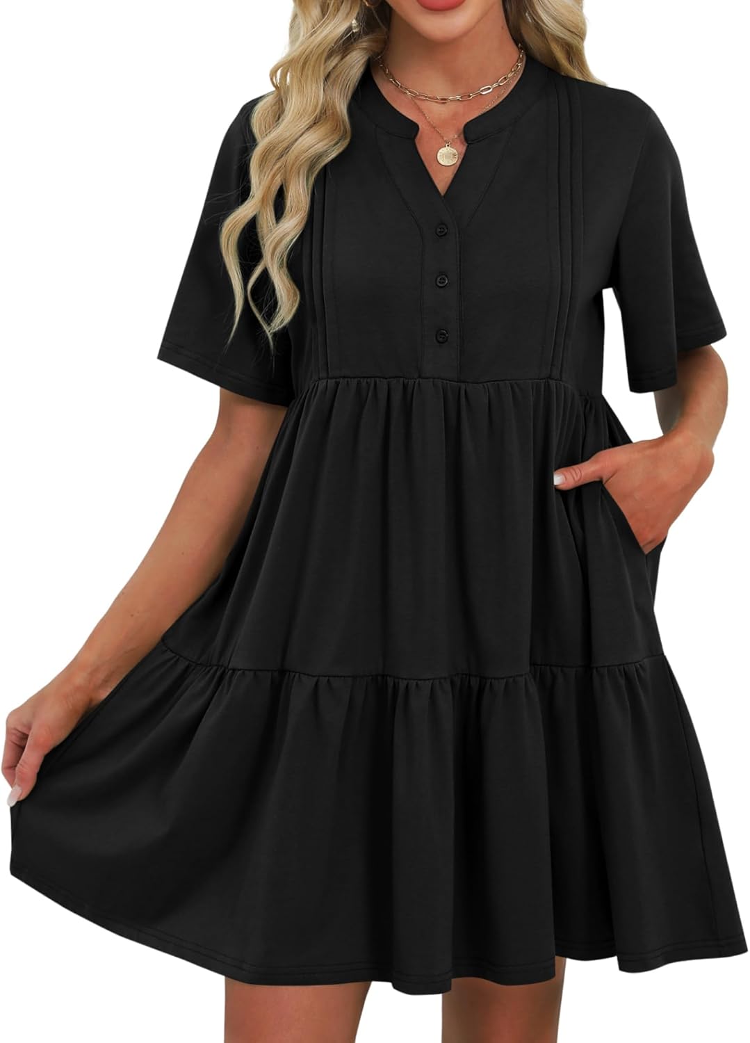 ZAFUL Women's Casual Dresses V Neck Short Sleeves Mini Sundresses Teens Black Flowy Work Funeral A-Line Skater Dress with Pockets S