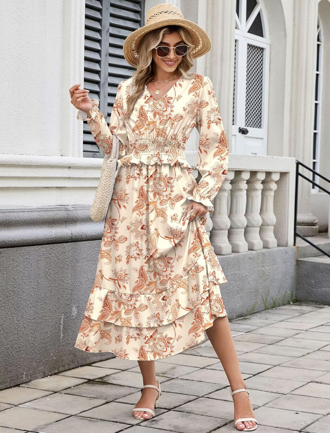 ZAFUL Womens Fall 2025 Casual Floral Maxi Dress Puff Long Sleeve V Neck Smocked Elastic Waist Flowy A line Dress Pockets