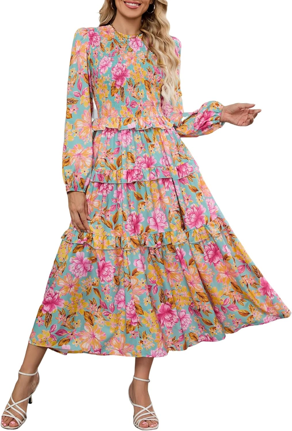 ZAFUL Womens Fall Floral Smocked Maxi Dress Long Puff Sleeve Bohemian Dresses Flowy Tiered Ruffle Wedding Guest Dress