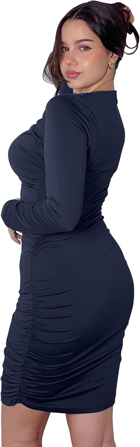 ZAFUL Womens Fall Long Sleeve Mini Dress Ruched Bodycon Dress Boat Neck Cocktail Party Club Short Tight Basic Dresses