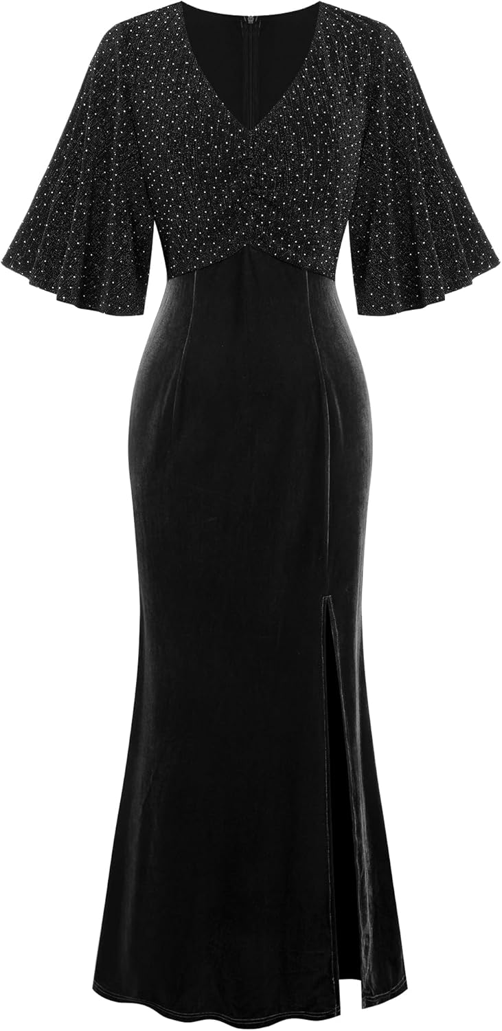 ZAFUL Women's Formal Prom Dress Shimmery Sequin Half Ruffle Sleeve V Neck Long Wedding Guest Dresses Trendy High Split Formal Evening Cocktail Party Dress(Black,M)